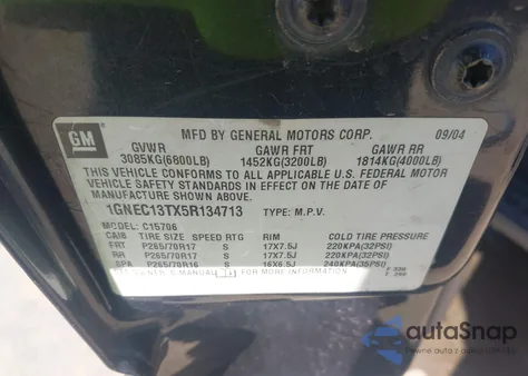 2005 Chevrolet Tahoe Lt из США, поврежденный, VIN 1GNEC13TX5R134713